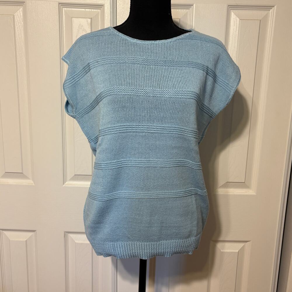 Vintage Knit Open Weave Drop Shoulder Sweater 1980s Light Blue M Striped